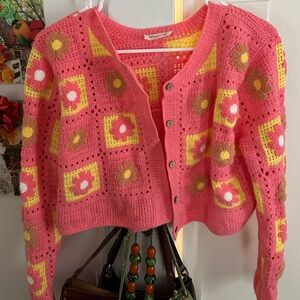 Pink Floral Knit Button-Up Cardigan Sweater